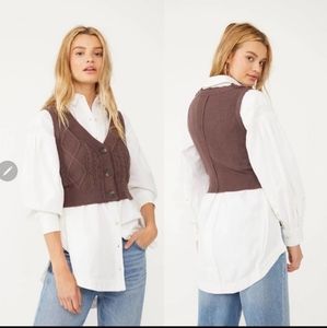 Free People Cable Knit Sweater Vest Button Down in Brown / Small